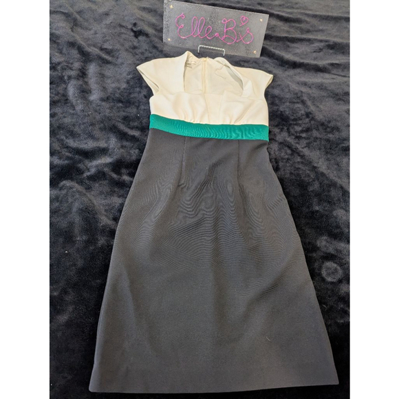EUC London Times Black Cream Green PETITE Dress 4P - Picture 1 of 6